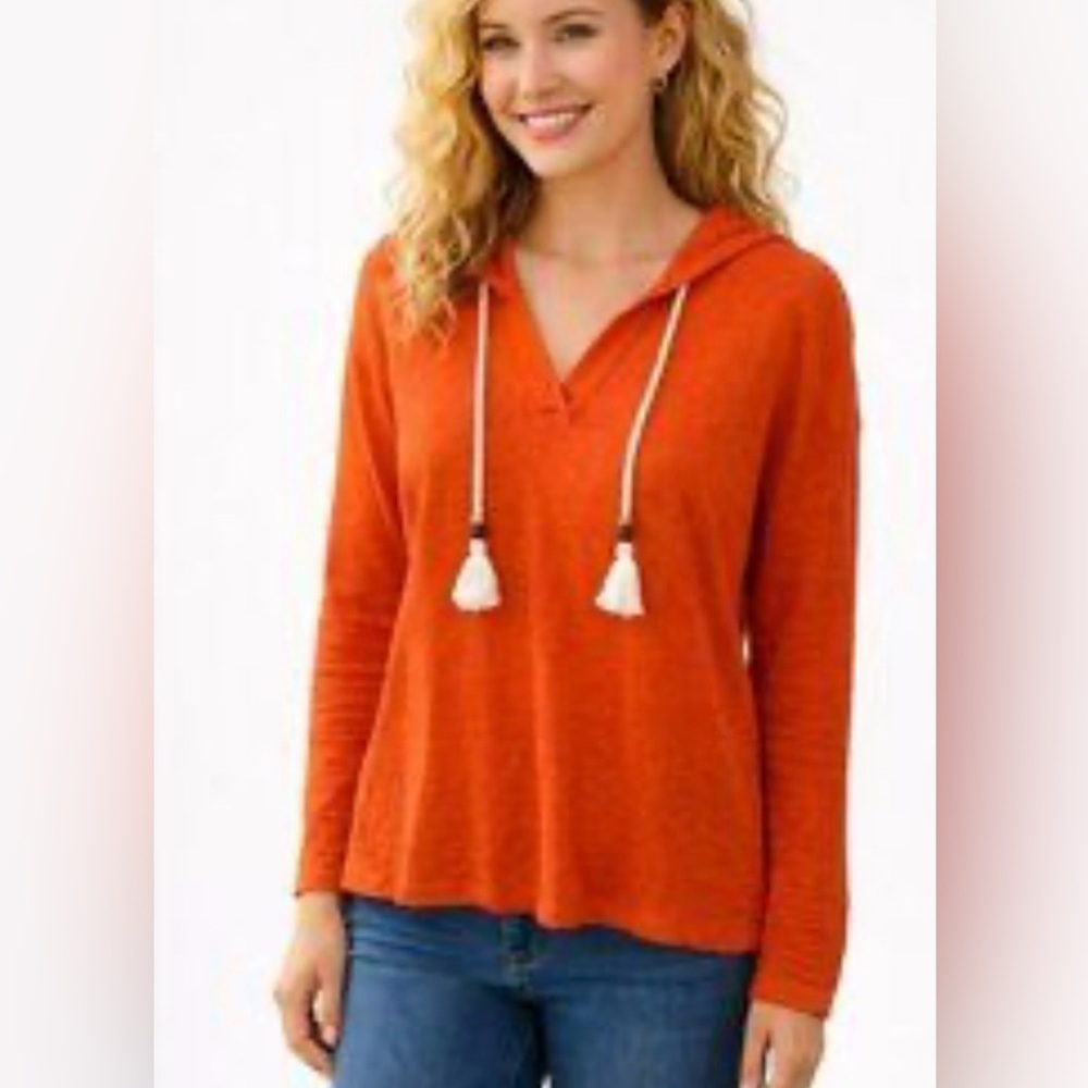 Women’s Sigrid Olsen Orange Linen Jersey Hooded Pullover Top Size XL